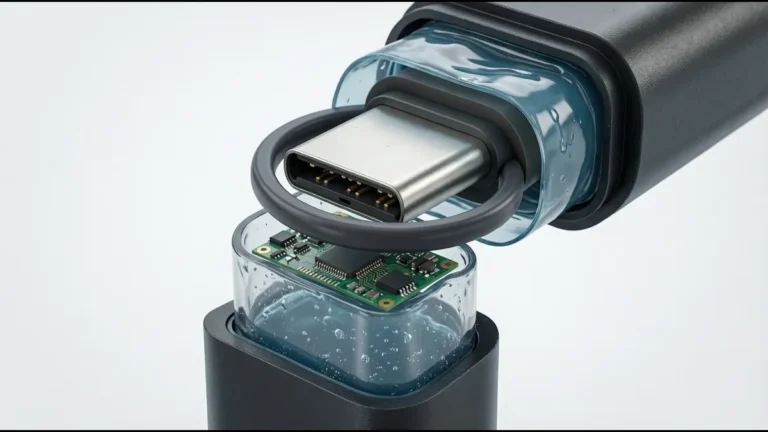 Cross-section of USB-C connector showing O-ring gasket and epoxy potting