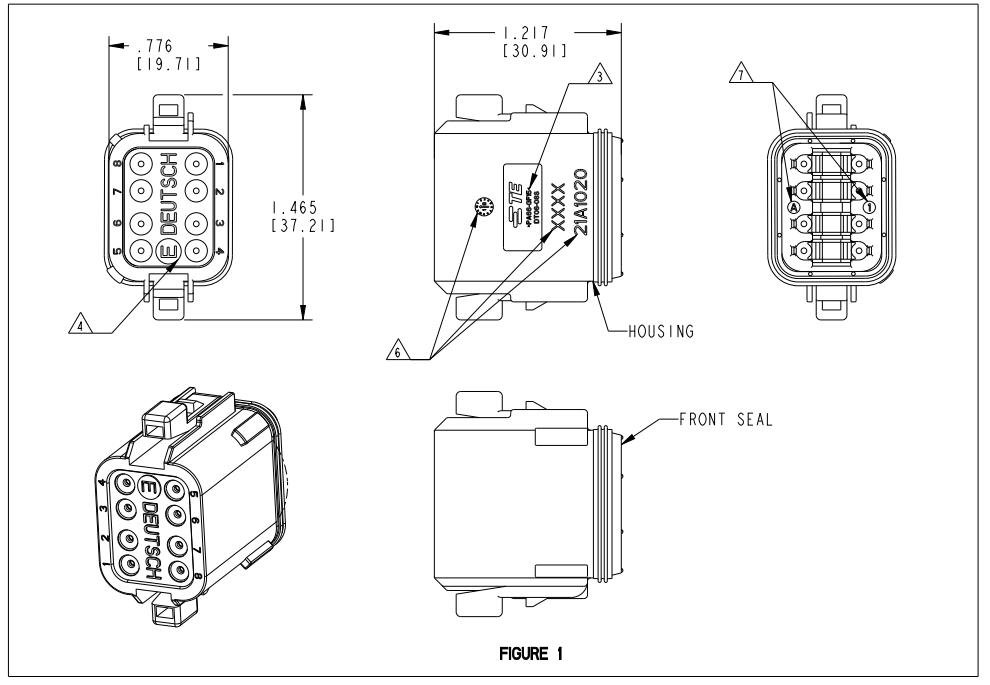 Deutsch DT06-08SA-C015 8-Socket Receptacle Housing, Gray drawing