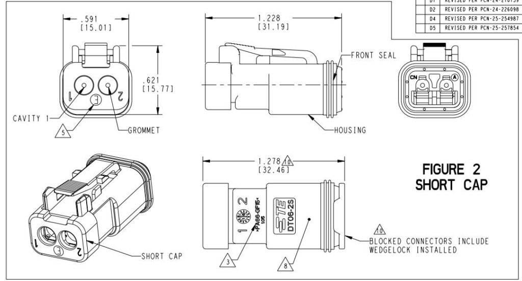 Deutsch DT06-2S-CE05 2-Socket Receptacle Housing, Black drawing