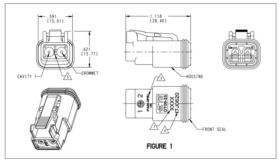 Deutsch DT06-2S 2-Socket Receptacle Housing, Gray drawing