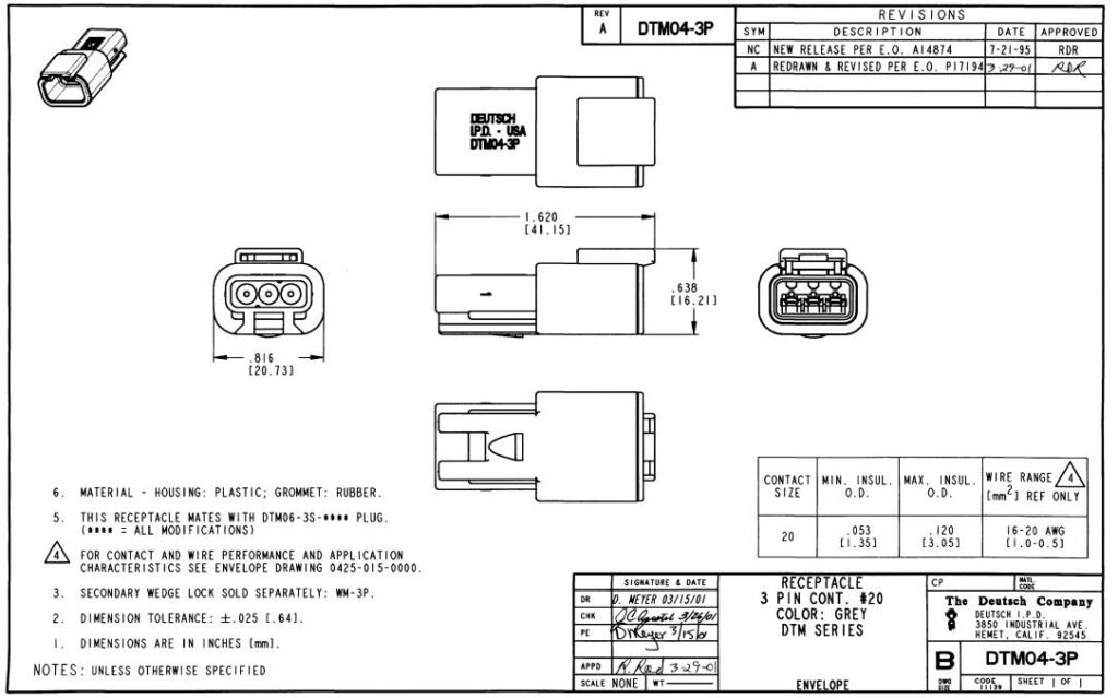 Deutsch DTM04-3P 3-Pin Plug Housing drawing
