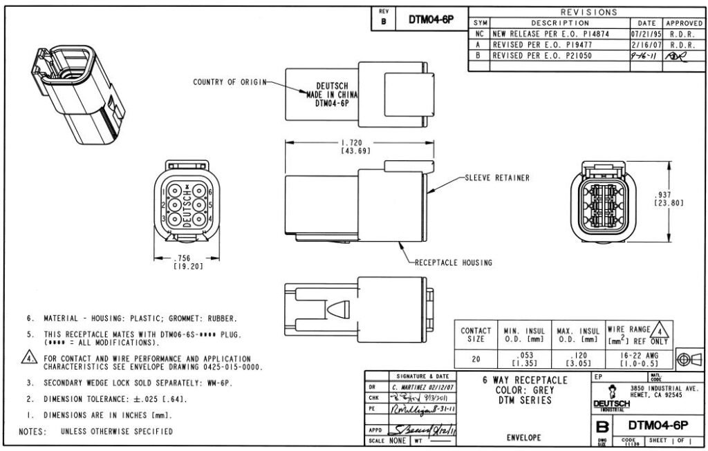 Deutsch DTM04-6P 6-Pin Plug Housing drawing