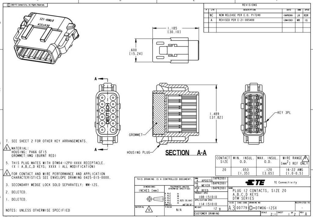 Deutsch DTM06-12SA 12-Socket Receptacle Housing drawing