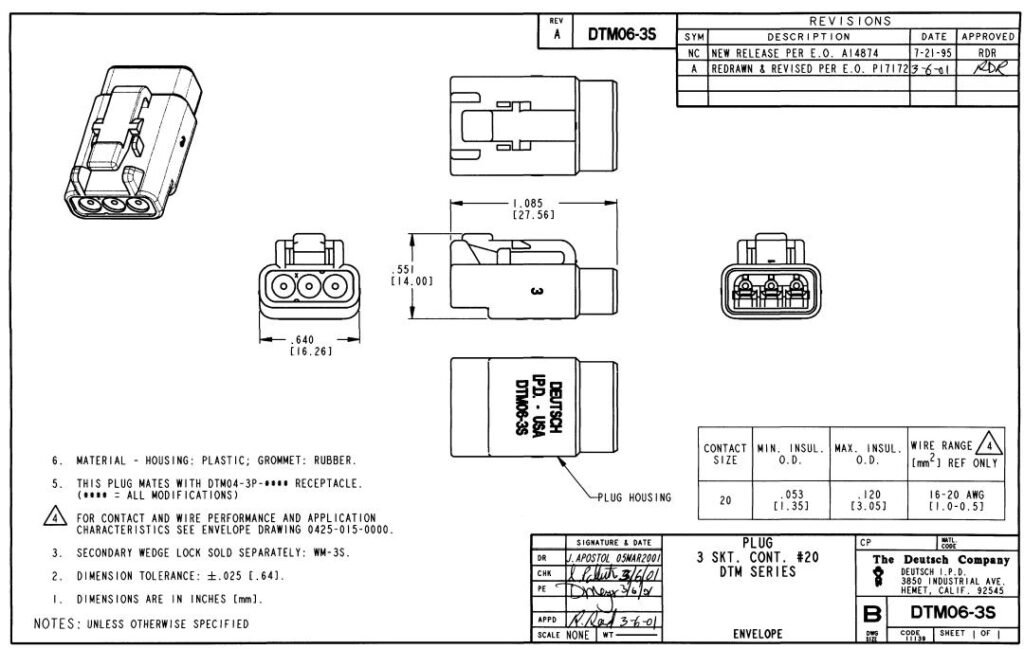 Deutsch DTM06-3S 3-Socket Receptacle Housing, Gray drawing