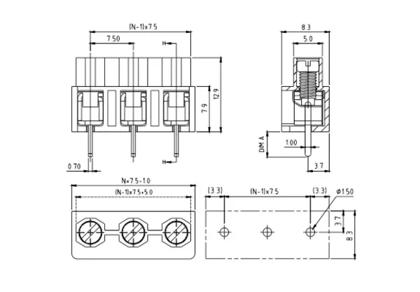 T4xx24500000G PCB Terminal Block 7.5mm Amphenol Anytek | GSCONN drawing