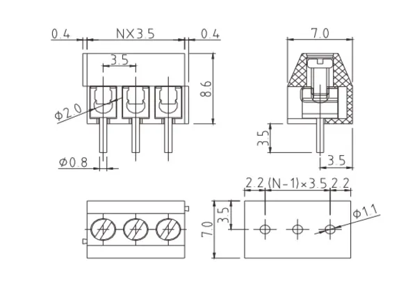 T5xx01500000G PCB Terminal Block 3.5mm Amphenol Anytek | GSCONN drawing