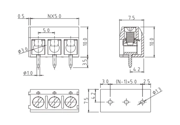 TCxx0303C500G PCB Terminal Block 5.08mm Amphenol Anytek | GSCONN drawing