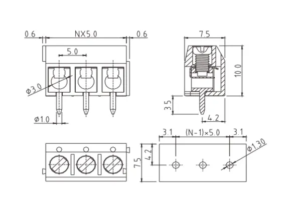 TCxx0362A500G PCB Terminal Block 5.08mm Amphenol Anytek | GSCONN drawing