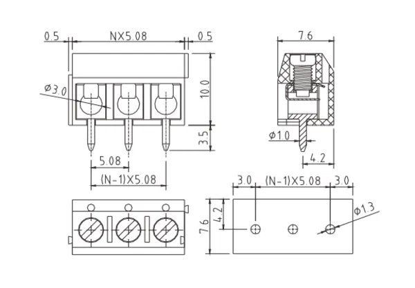 TCxx23620000G PCB Terminal Block 5.08mm Amphenol Anytek | GSCONN drawing