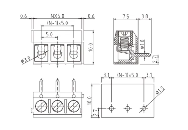 TDxx01610000G PCB Terminal Block 10.0mm Amphenol Anytek | GSCONN drawing