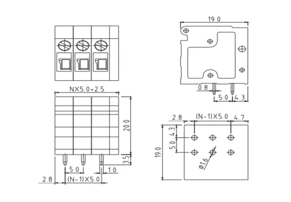 TRxx05500000G PCB Terminal Block 5.0mm Amphenol Anytek | GSCONN drawing