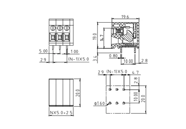 TRxx0551A000G PCB Terminal Block 5.0mm Amphenol Anytek | GSCONN drawing