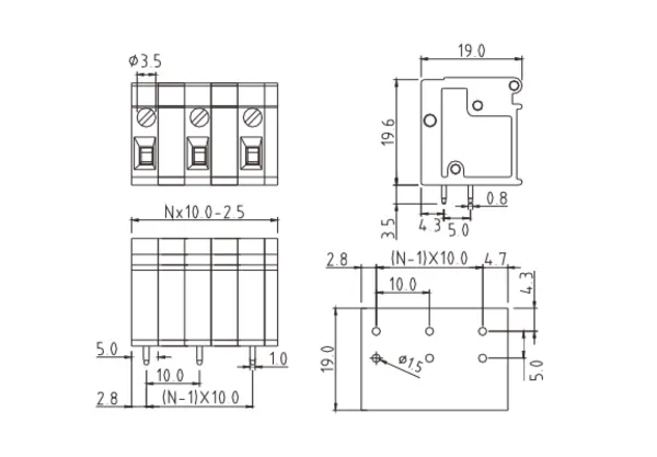 TRxx15500000G PCB Terminal Block 10.0mm Amphenol Anytek | GSCONN drawing