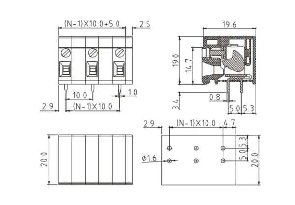 TRxx15510000G PCB Terminal Block 10.0mm Amphenol Anytek | GSCONN drawing