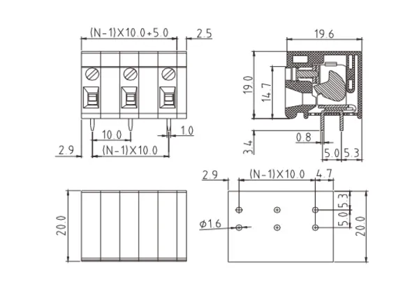 TRxx1551A000G PCB Terminal Block 10.0mm Amphenol Anytek | GSCONN drawing