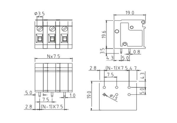 TRxx25500000G PCB Terminal Block 5.0mm Amphenol Anytek | GSCONN drawing