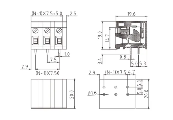 TRxx25510000G PCB Terminal Block 5.0mm Amphenol Anytek | GSCONN drawing