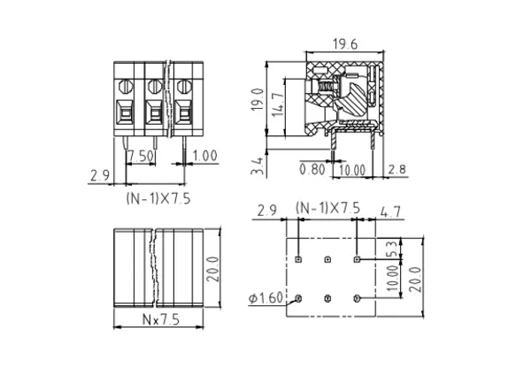 TRxx2551A000G PCB Terminal Block 5.0mm Amphenol Anytek | GSCONN drawing