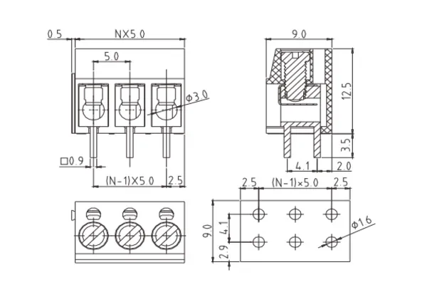 VAxx01600000G PCB Terminal Block 5.08mm Amphenol Anytek | GSCONN drawing
