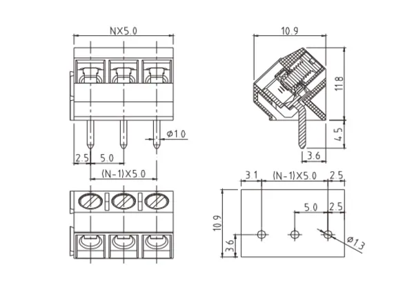 VYxx010C0000G PCB Terminal Block 10.0mm Amphenol Anytek | GSCONN drawing