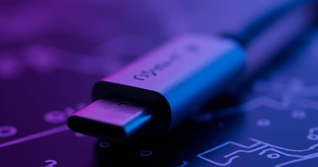 USB4 Type-C connector with purple and blue ambient lighting