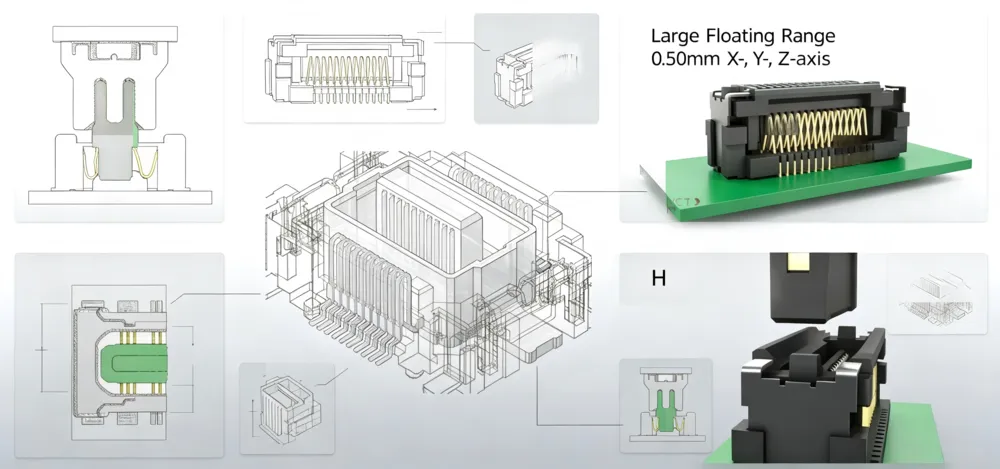 Floating connector X Y Z movement structure diagram