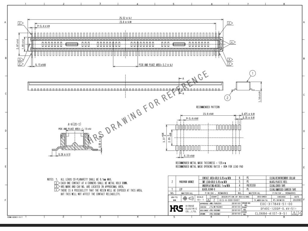 Hirose DF40C(2.0)-70DS-0.4V 70 Positions 0.4mm 2.0mm Board-to-Board Receptacle drawing