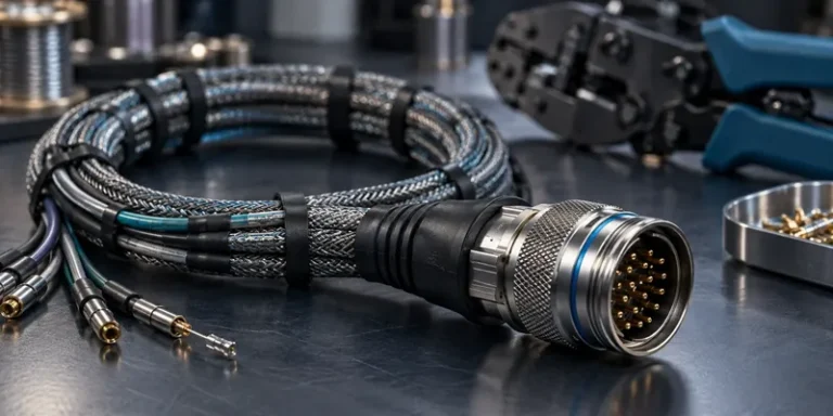 Shielded cable harness with a circular connector and molded strain relief.