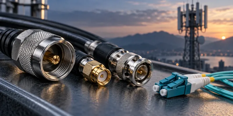 Telecom coaxial and optical cable connectors with a cellular tower in the background.