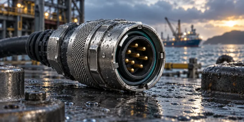 Industrial circular connector with water droplets on its metal shell.