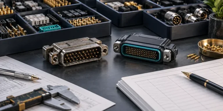 Legacy and modern connector samples beside organized inventory trays.