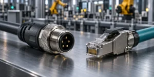 Circular industrial network connector and shielded RJ45 plug beside factory equipment.