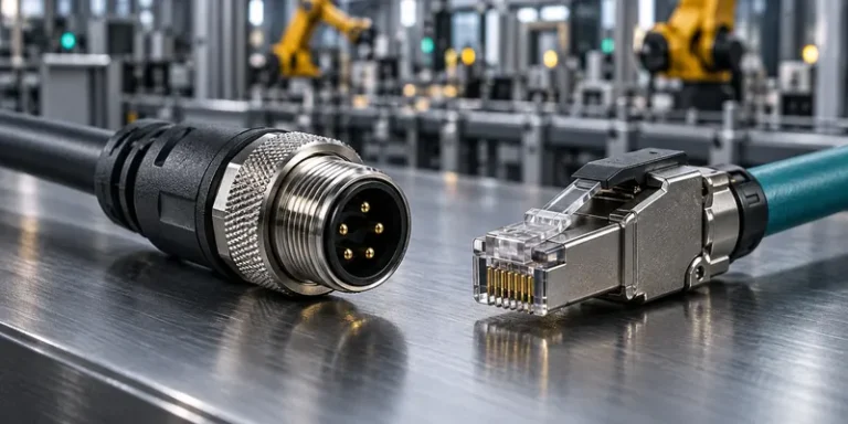 Circular industrial network connector and shielded RJ45 plug beside factory equipment.