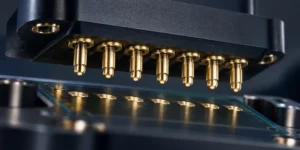 Gold spring-loaded contact array positioned above PCB mating pads.