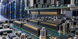 High-density board connectors on a server backplane in a data center.