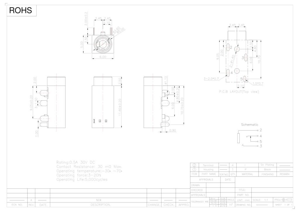 Headphone Jack Audio Jack with Switch – GSC-AUD-0052 drawing
