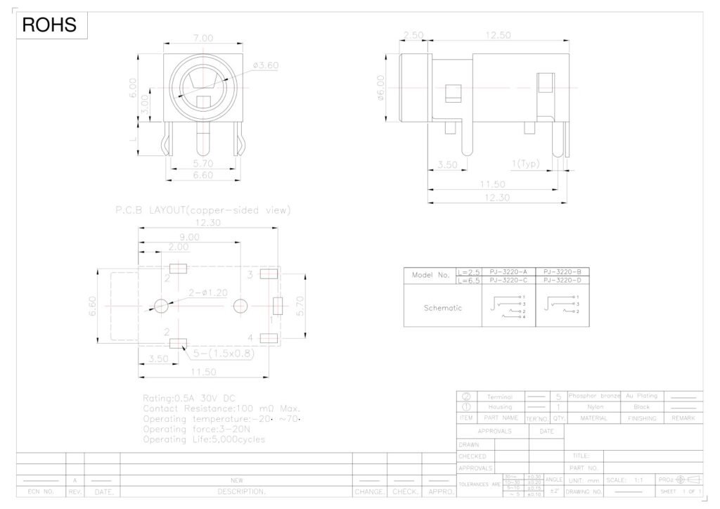 Headphone Jack Binaural Audio Jack – GSC-AUD-0057 drawing