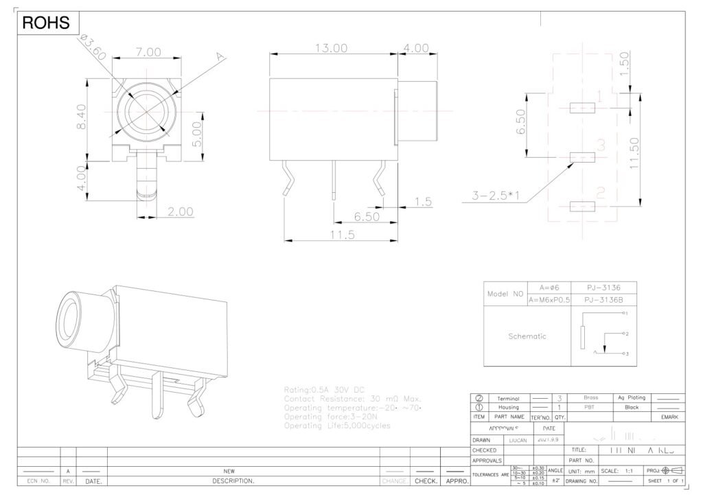 Headphone Jack Metal-Contact Audio Jack – GSC-AUD-0062 drawing