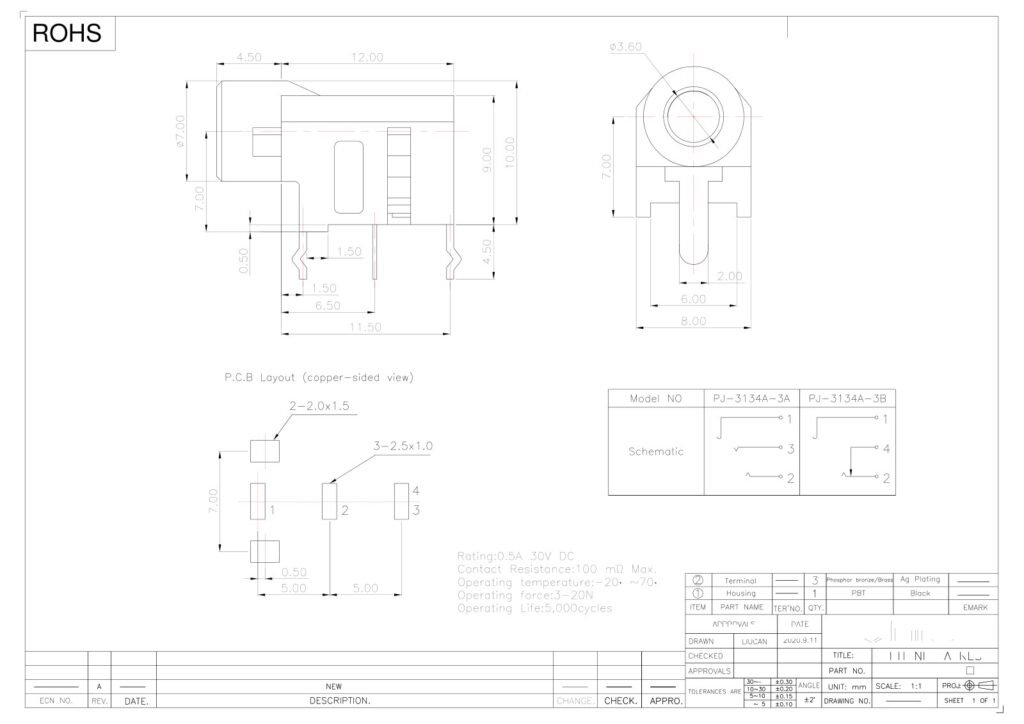 Headphone Jack Bent-Pin Audio Jack – GSC-AUD-0063 drawing