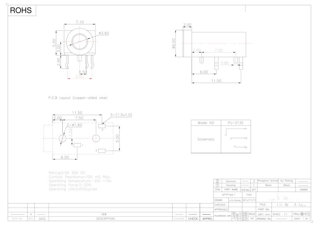 Audio Jack 3-Pin Headphone Jack – GSC-AUD-0067 drawing