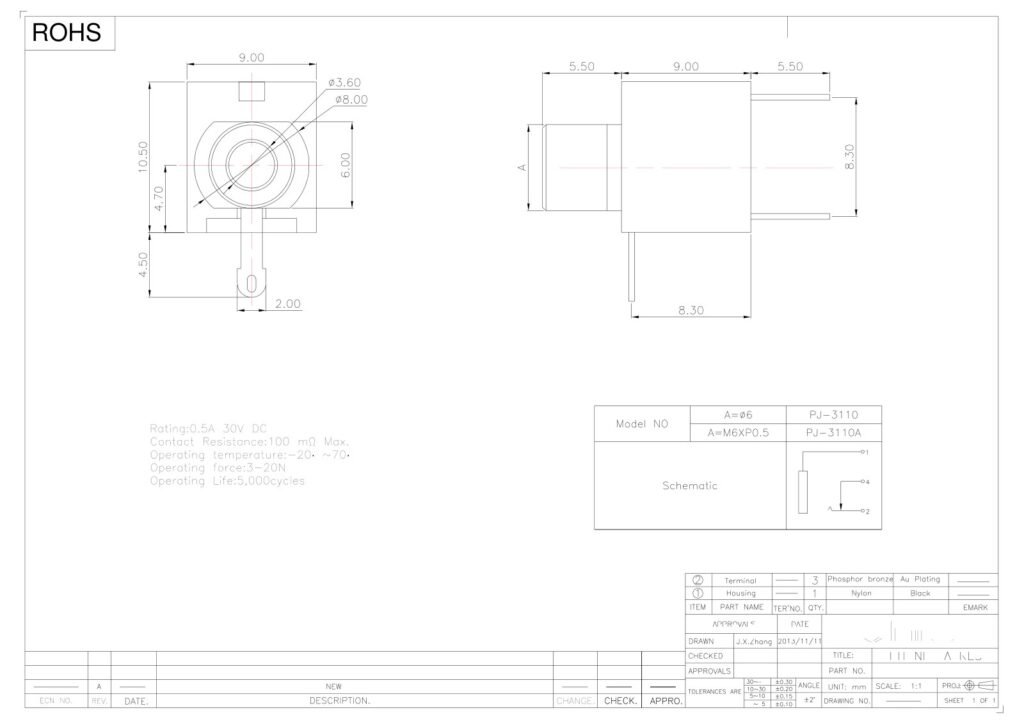 Audio Jack Soldered-Style Headphone Jack – GSC-AUD-0072 drawing