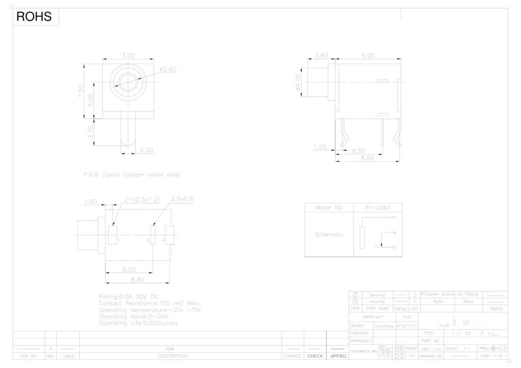 Headphone Jack Metal-Contact Audio Jack – GSC-AUD-0079 drawing