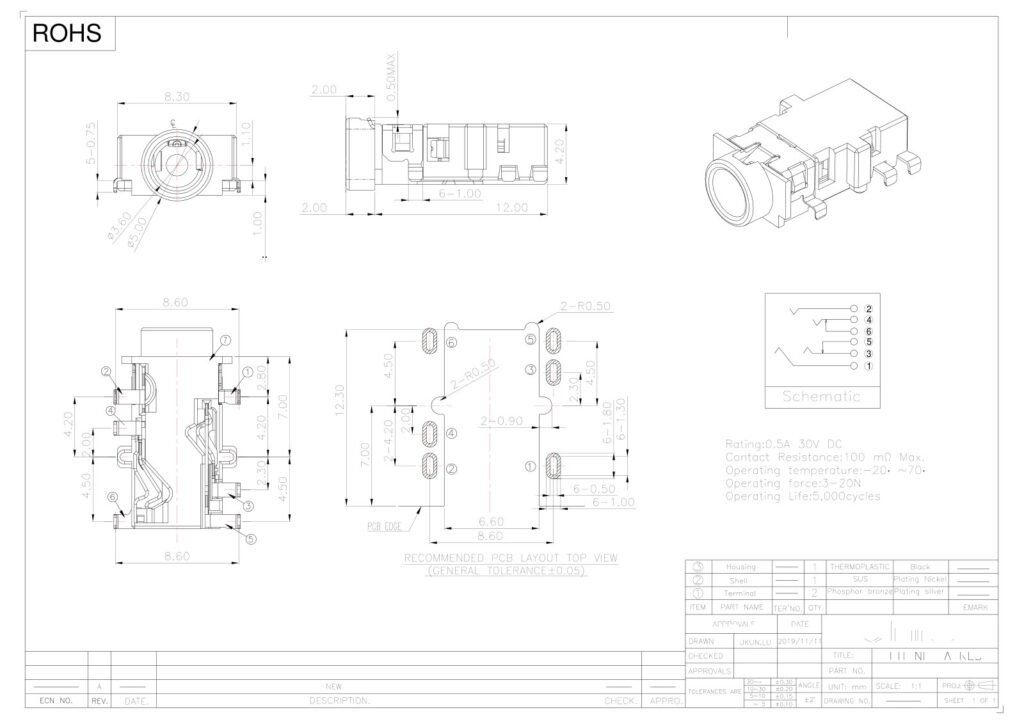 Headphone Jack Flush-Mount Audio Jack – GSC-AUD-0086 drawing