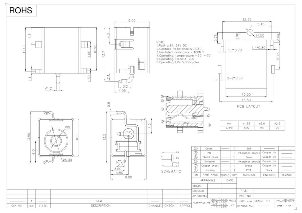 DC Socket DC Jack DC Power Socket – GSC-DCJ-0068 drawing