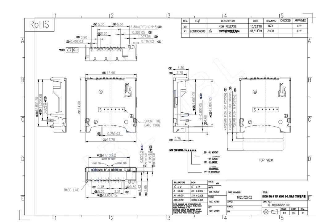 Micro SD 4.0 Top Mount H3.7 Push-Push Card Connector – GSC-MSD-0011 drawing