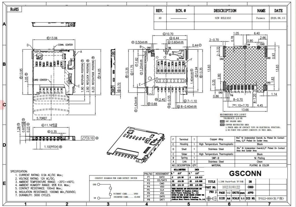 Floating Board-to-Board Male Header 0.8mm 40Pin Double-Row SMT 6.8mm – B0802AV-220A-0CRB1 drawing