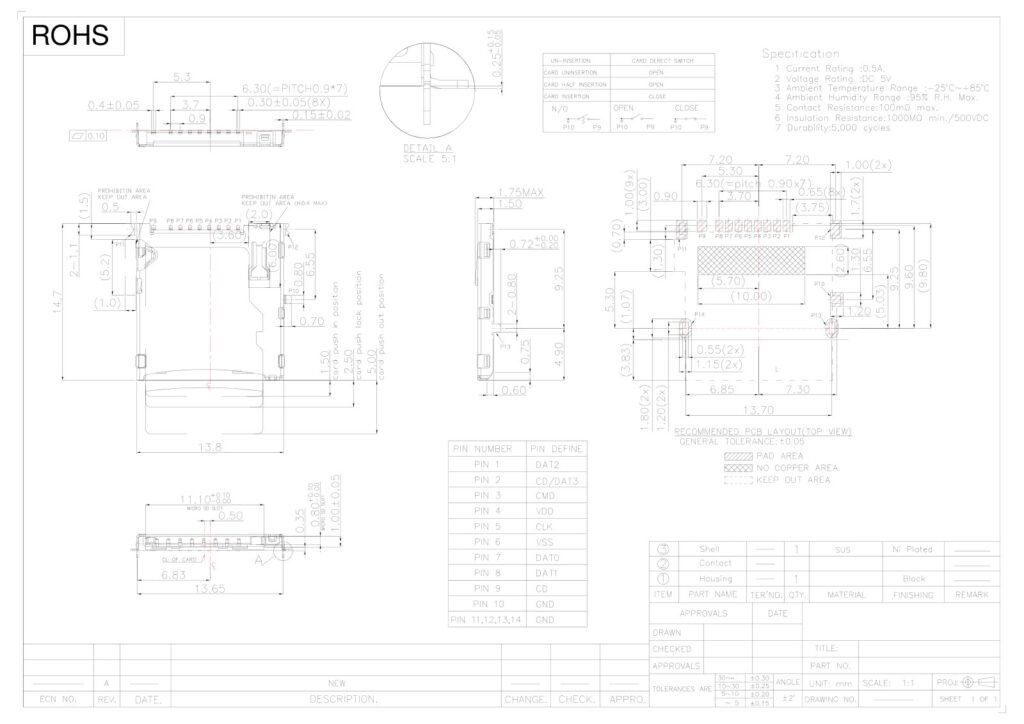 Micro SD Card Socket SMD TF Card Socket SD Card Connector – GSC-MSD-0036 drawing