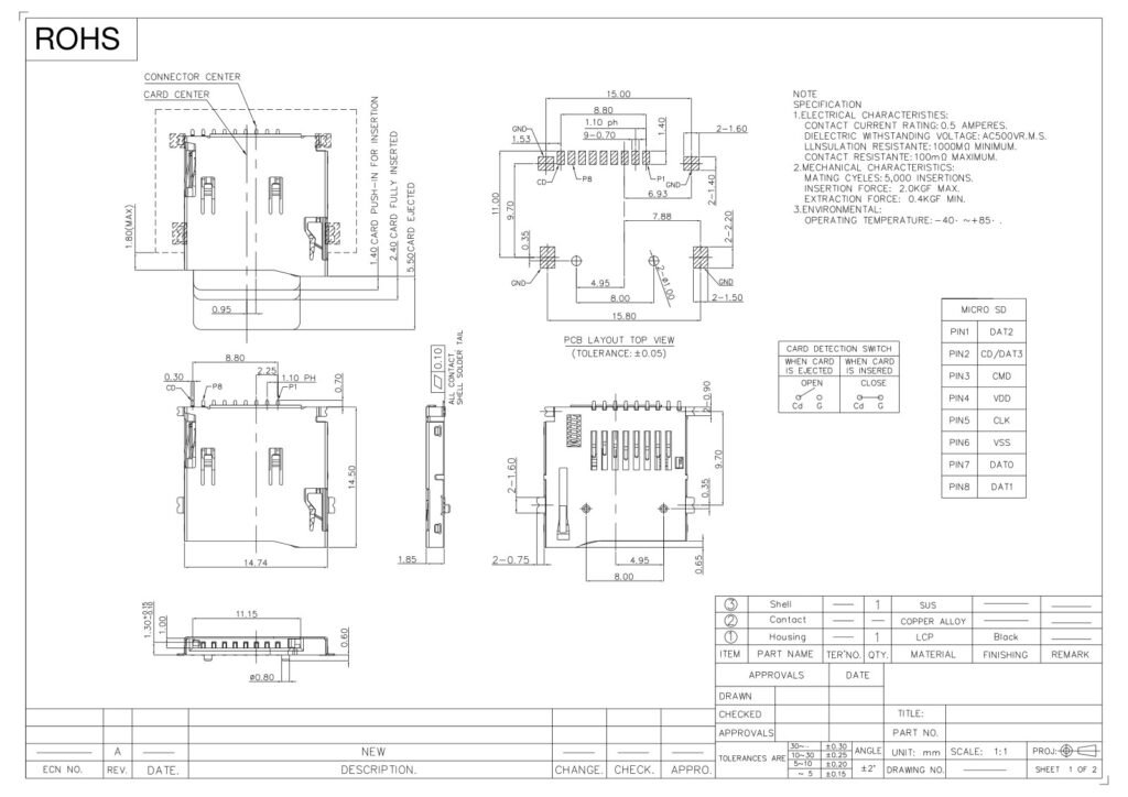 Micro TF Card Holder CARD CONN TF Card Socket – GSC-MSD-0044 drawing