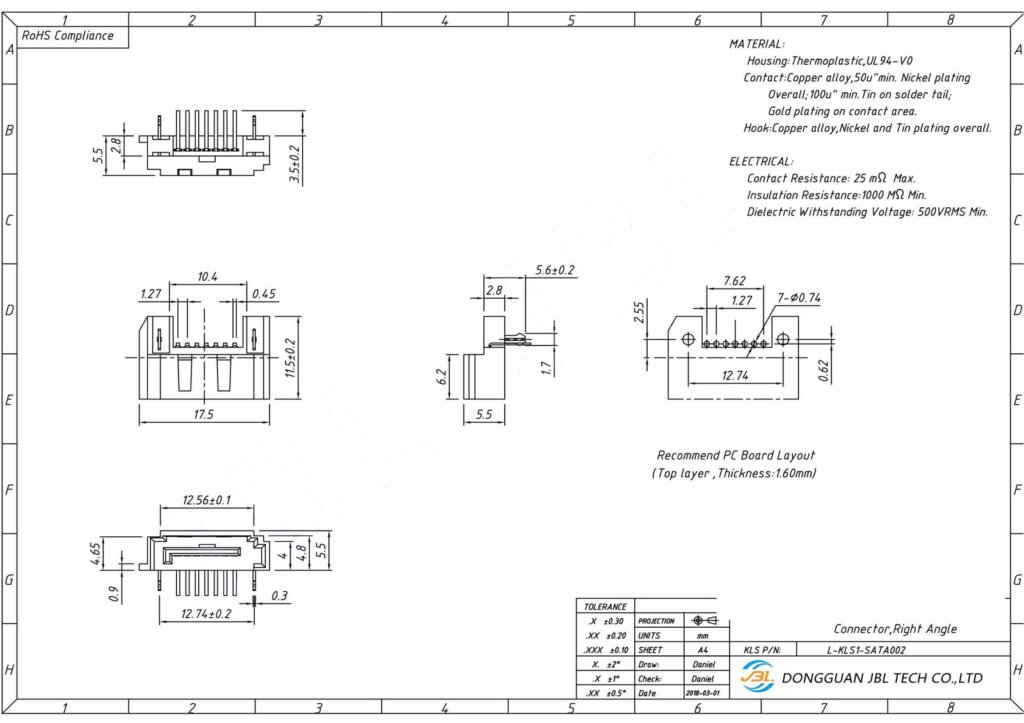 SATA Type A 7P Male Connector,Right angle – GSC-SAT-0003 drawing