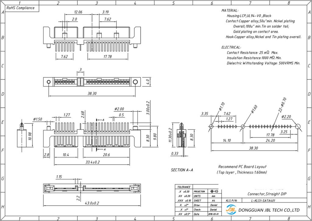 SATA 7+15P Male Connector,Straight – GSC-SAT-0006 drawing